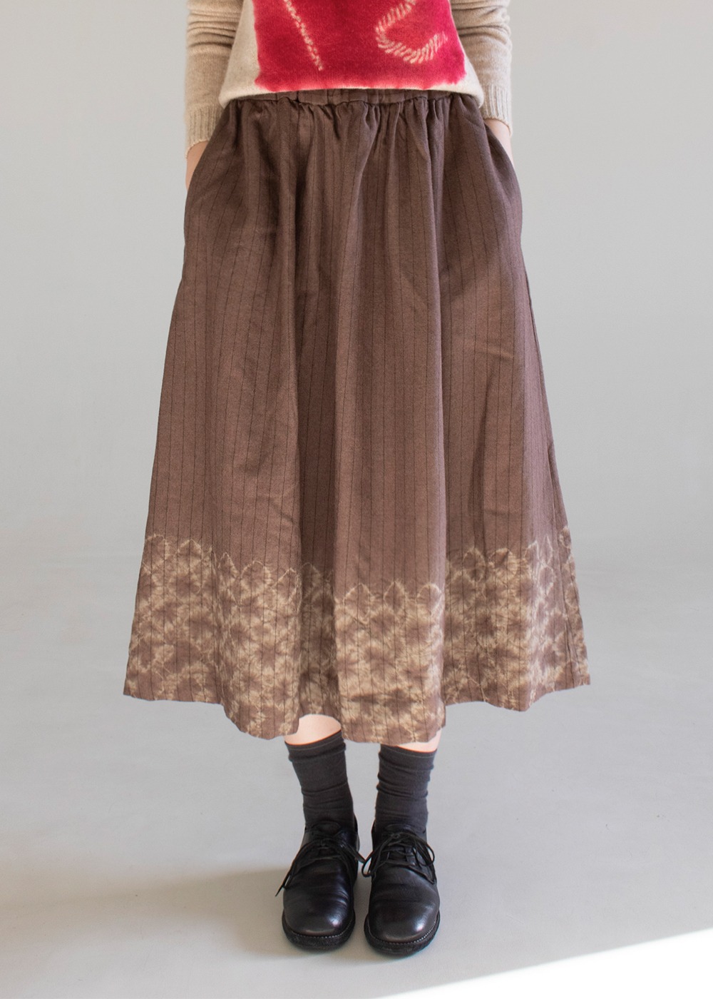 Wool Stripe Flare Skirt - Marron/Grege