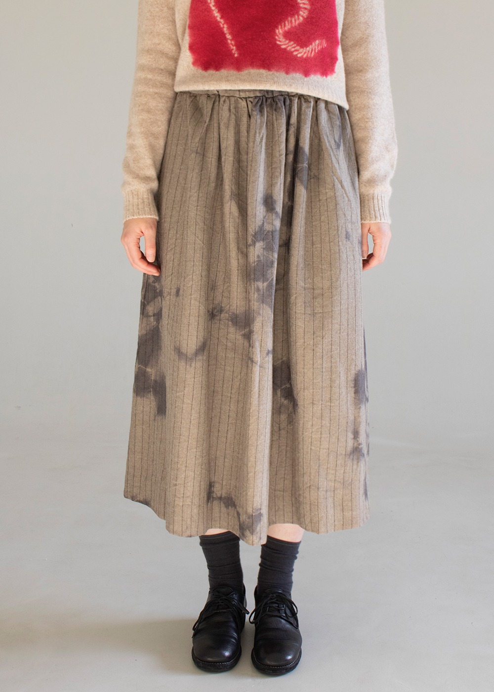 Wool Stripe Flare Skirt - Grey/Grege