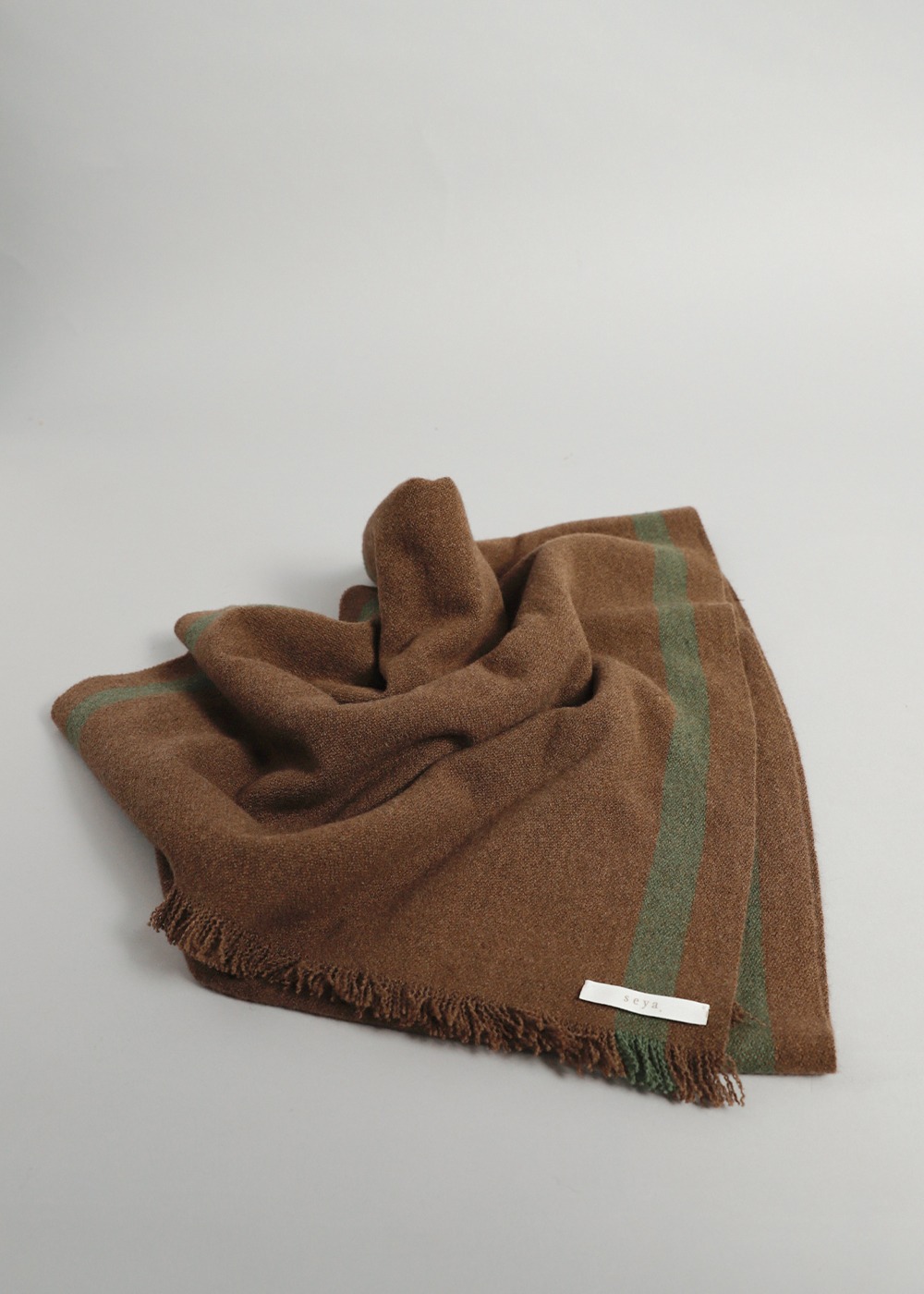 Tibetan Stole with Striped Hem - Natural Brown