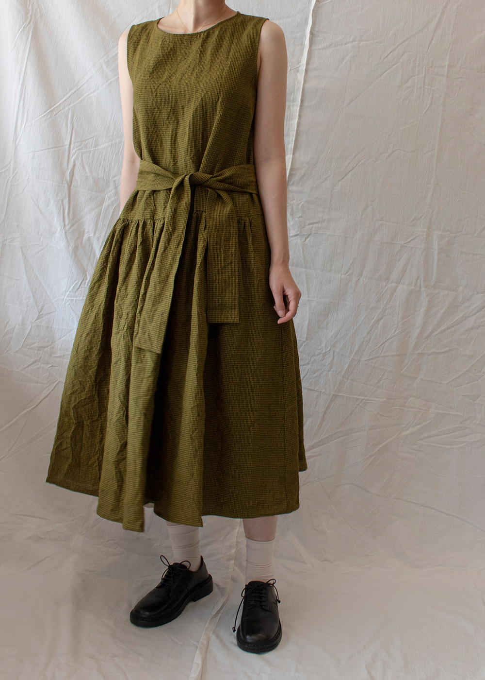 P1605 Gingham Linen Dress - Grass Green Military Green